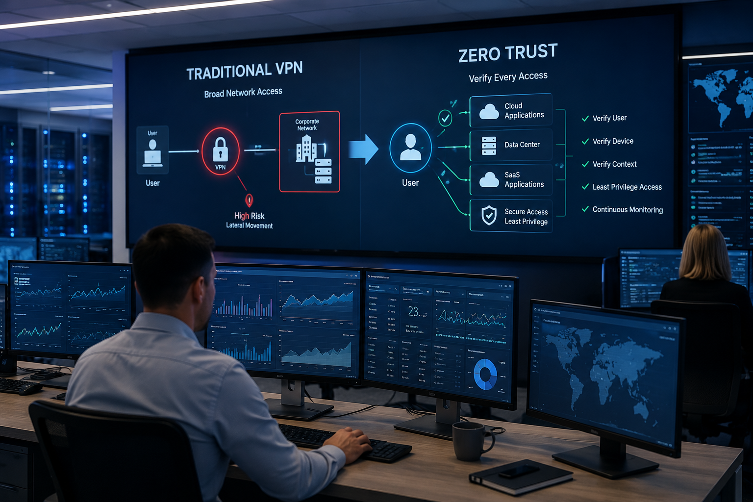 Illustration d’une architecture Zero Trust remplaçant un accès VPN traditionnel dans un système d’information d’entreprise